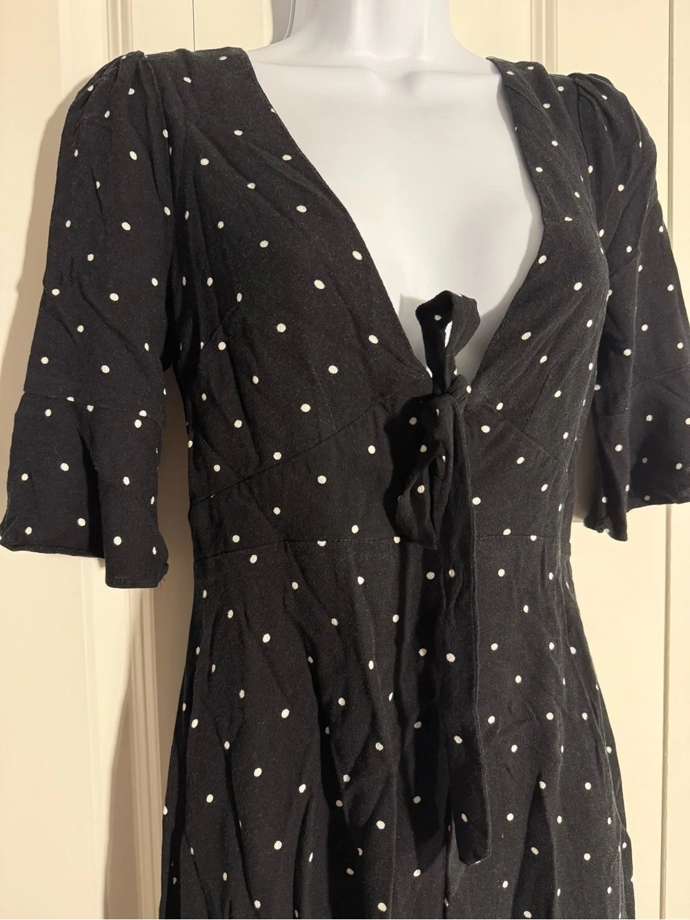 Free People Black Polka Dot Tie-Front Mini Dress